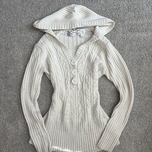 Tiara Cream Cable-Knit V-Neck Hooded Sweater